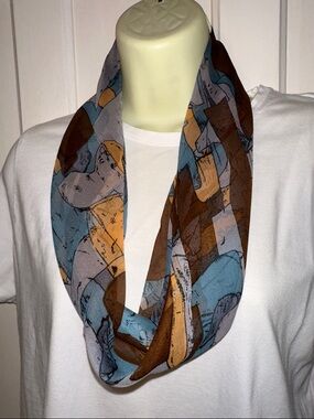 Vtg The Specialty House Blue, Brown, Gold & Gray Abstract Infinity Silk Scarf